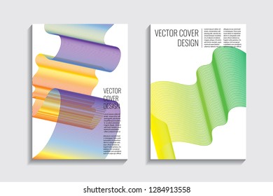 Blended covers, gradient wavy line shapes. Futuristic minimal design. Warm rainbow-colored bionic background. Modern visual effect. Repeating lines. For poster, layout, placard, grunge paper, card