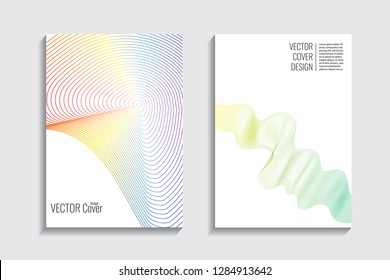 Blended covers, gradient wavy line shapes. Futuristic minimal design. Warm rainbow-colored bionic background. Modern visual effect. Repeating lines. For poster, layout, placard, grunge paper, card