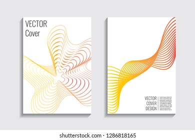 Blended covers, gradient wavy line shapes. Futuristic minimal design. Warm rainbow-colored bionic background. Modern visual effect. Repeating lines. For poster, layout, placard, grunge paper, card