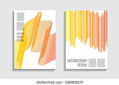 Blended covers, gradient wavy line shapes. Futuristic minimal design. Warm rainbow-colored bionic background. Modern visual effect. Repeating lines. For poster, layout, placard, grunge paper, card