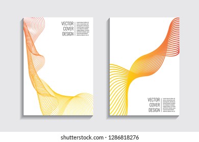 Blended covers, gradient wavy line shapes. Futuristic minimal design. Warm rainbow-colored bionic background. Modern visual effect. Repeating lines. For poster, layout, placard, grunge paper, card