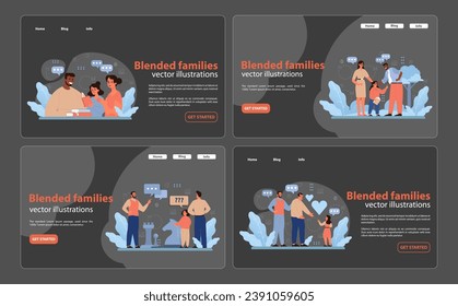Blended Families set. Modern families come together, portraying love, understanding, and unity. Exchanging ideas, sharing moments. Flat vector illustration.