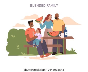 Blended Family concept. Harmonious picnic scene with diverse members enjoying time together. Unity in diversity, joyful moments.