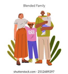 Conceito de família mista. Ilustração mostrando uma família diversificada e moderna com crianças, incorporando unidade e amor. Inclusividade na vida doméstica. Ilustração vetorial.