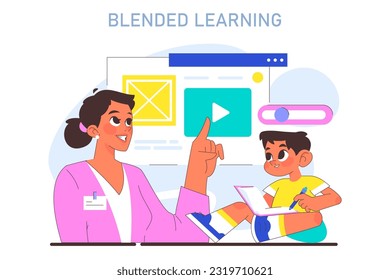 Blended or hybrid learning. Modern education methodic. A combination of online and offline classes. Child gaining a knowledge with modern digital or internet technologies. Flat vector illustration