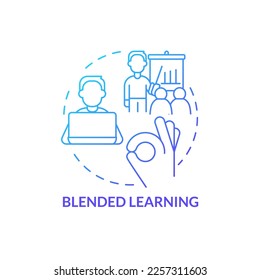 Blended learning blue gradient concept icon. How to organize corporate training abstract idea thin line illustration. Self study and instructor-led. Isolated outline drawing. Myriad Pro-Bold font used