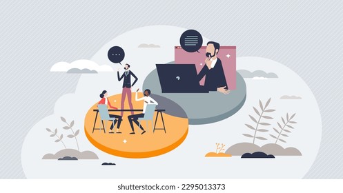 Blended learning as education system in classroom and online courses tiny person concept. Knowledge and skills development with e-learning method vector illustration. Student study from distance.