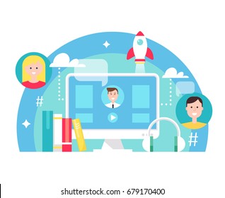 Blended Learning and E-learning Education Concept Illustration. Flat Vector Design