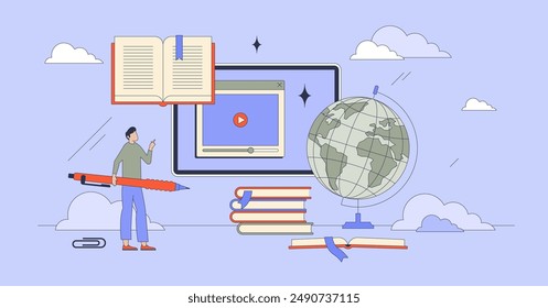 Blended learning with hybrid education tiny person neubrutalism concept. Virtual course with online academy for effective teaching vector illustration. Adaptive study method with remote training.