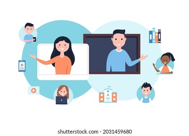 Blended Learning. Teachers and Students. Online and Place Based School Education. Vector Illustration