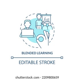 Blended learning turquoise concept icon. How to organize corporate training abstract idea thin line illustration. Isolated outline drawing. Editable stroke. Arial, Myriad Pro-Bold fonts used