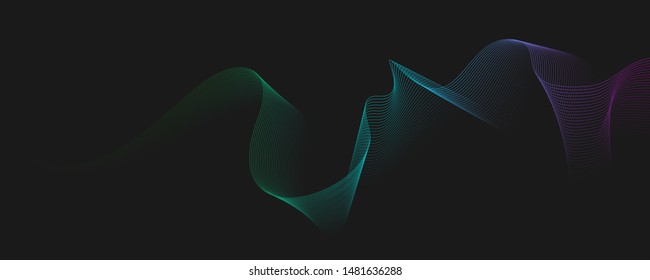 Blended twisted lines. Dynamic gradient, flowing waves isolated on dark background. Abstract wavy spun pattern, optical flow. Optical art, vector design elements.