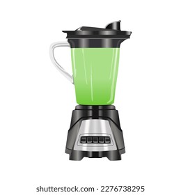 Blender with avocado juice, modern kitchen appliances, realistic vector illustration with black and silver color in trendy flat 3d style. Editable graphic resources for many purposes.