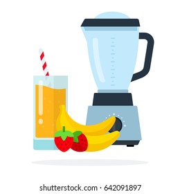 Blender, Banana and strawberries juice in a glass with straw, bananas and strawberries near vector flat material design isolated on white