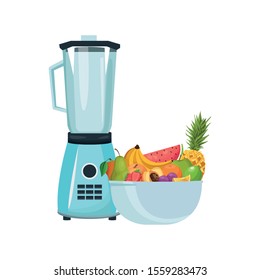 blender and bowl with fruits over white background, vector illustration