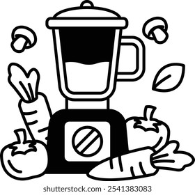 Um liquidificador com um monte de vegetais. Os legumes incluem cenouras, tomates e cogumelos