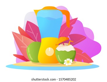 Blender coconut milk.Alcoholic cocktail in a nut with umbrella.Vector realistic illustration.Tropical cocktail with umbrella and straw.Isolated on a white background.