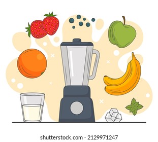 Blender cooking smoothie concept. Colorful poster with device for making fruit cocktails, orange, strawberry and banana, ice and milk. Healthy ingredients. Cartoon modern flat vector illustration