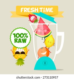 Blender with delicious fruit fun inside. Smoothies time. Summer and autumn. Different types of tasty fruits. The smiles and joy. Children's vector illustration.
