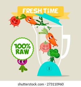 Blender with delicious fruit fun inside. Smoothies time. Summer and autumn. Different types of tasty fruits. The smiles and joy. Children's vector illustration.