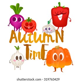 Blender with delicious fruit fun inside. Smoothies time. Summer and autumn. Different types of tasty fruits. The smiles and joy. Children's vector illustration.