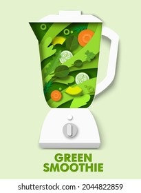 Blender with delicious vegetable smoothie, vector paper cut illustration. Healthy drink made of cucumber, carrot and greens. Food rich in vitamins and minerals. Green smoothie poster, banner template.