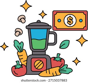 Una licuadora con un billete de un dólar encima. La licuadora está llena de verduras y frutas
