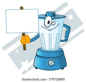 blender electric kitchen appliance with an empty plate or a clean sheet of paper in his hand cartoon vector illustration