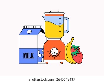 Blender filled with smoothie ingredients, placed beside a milk carton, bananas, and strawberries cartoon illustration  for healthy eating, breakfast, or smoothie-related designs