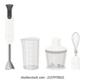 Blender, Food Processor And Whisk Tools Set Vector. Immersion Blender Measuring Cup And Container With Cut Sharp Blade. Chef Electronic Appliance For Cooking Template