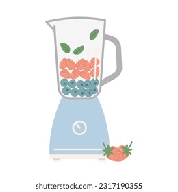 Blender with fresh strawberries and blueberries, next to one whole strawberry.