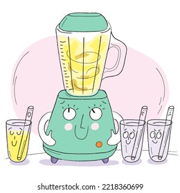 Blender, fruit smoothies full and empty glasses looking to each other