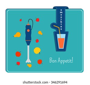 Blender and fruits. Label with a glass of smoothie.