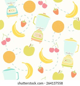 Blender and fruits pattern. Vector hand drawn seamless pattern