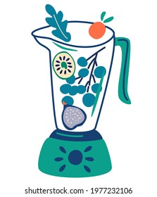 Blender with fruits. Smoothies in Blenders and Glass Jars with Different Ingredients. Food processor, mixer, blender. Organic fresh raw fruits and berries. Making smoothies. Flat Vector illustration.