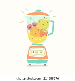 Blender full of funny fruits. Vector hand drawn illustration