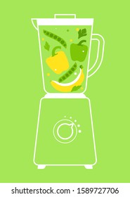 Blender full of ingredients for smoothie making on the table with green raw vegetables. Slices of vegetables and fruits.