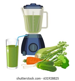 Blender and glass of smoothie made of organic vegetables vector