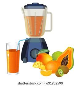 Blender and glass of smoothie made of tropical fruits. Juice made of avocado, green kiwi, ripe mango and citrus oranges vector illustration