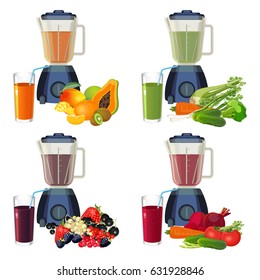 Blender and glass of smoothie organic fruits and vegetables set.