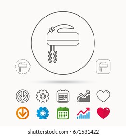 Blender icon. Mixer sign. Calendar, Graph chart and Cogwheel signs. Download and Heart love linear web icons. Vector