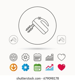 Blender icon. Mixer sign. Calendar, Graph chart and Cogwheel signs. Download and Heart love linear web icons. Vector