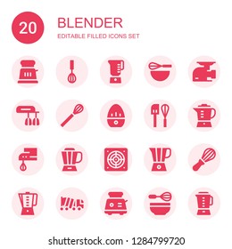 blender icon set. Collection of 20 filled blender icons included Toaster, Mixer, Blender, Beater, Meat grinder, Whisk, Kitchen timer, Extractor, Concrete