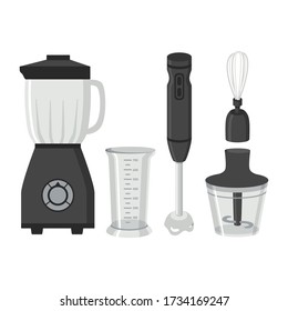 Blender icon vector illustration. Electrical Immersion Hand Blender with equipment. Whisk and Beaker for Smoothies.