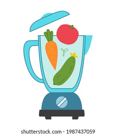 A blender into which vegetables are poured - cucumber, tomato and carrot. Colored beautiful and stylish illustration. Logo for the design of the kitchen space. Kitchen equipment isolated icon fun