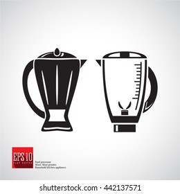 Blender in a jug with a handle, lid and measuring scale, blender for smoothies, fruit and food. Detailed flat icon kitchen appliance. Food blender icon silhouette, kitchen equipment, household mixer.