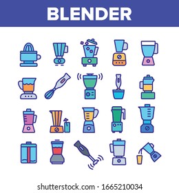 Blender Kitchen Tool Collection Icons Set Vector. Blender Electronic Equipment Appliance For Make Cold Cocktail Or Mixing Product Concept Linear Pictograms. Color Contour Illustrations