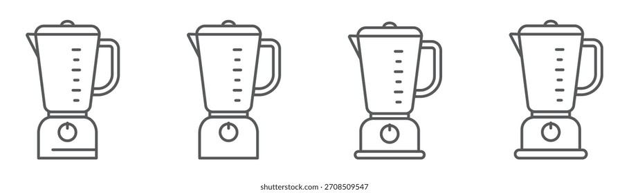 Conjunto de ícones da linha do liquidificador. Simples símbolos de aparelhos de cozinha para mistura, smoothies, e preparação de alimentos. Design linear limpo com traço editável, isolado no fundo transparente.