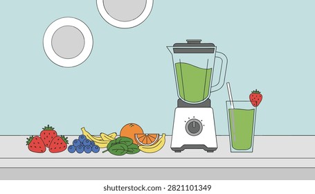 Blender making a green smoothie with fresh fruits and vegetables on a counter.