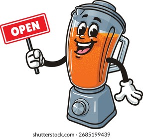 Blender mascote cartoon segurando um sinal aberto